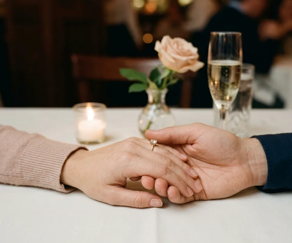 Her hand with an engagement ring, held by her partner across a candlelit restaurant table